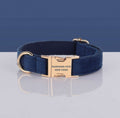 PAWSOME DOG COLLAR in navy blue soft fabric with gold metal buckle and D-ring, fully adjustable design.