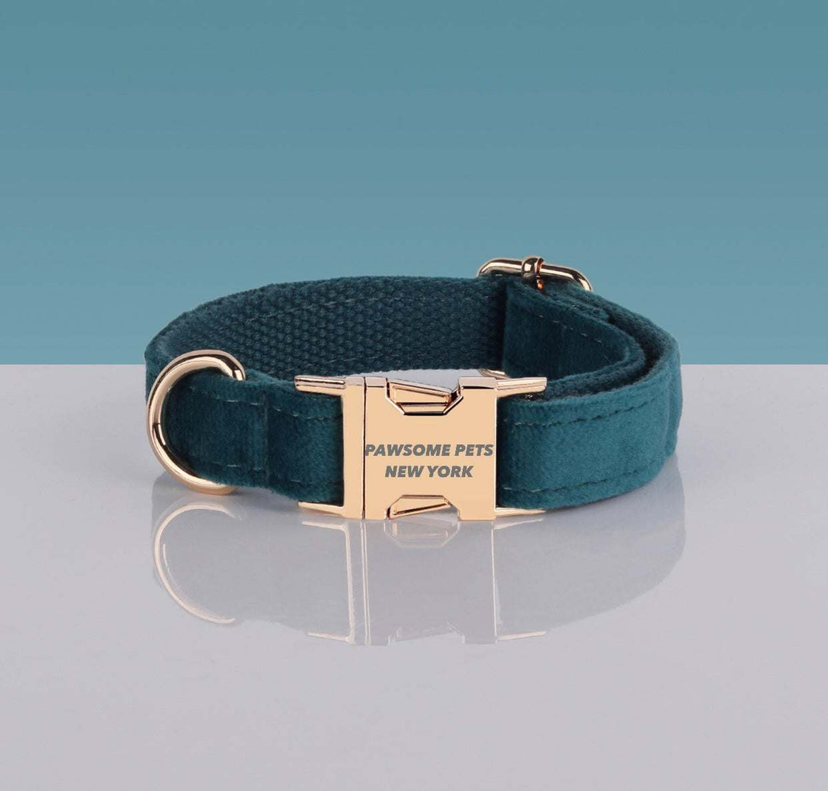 PAWSOME DOG COLLAR in teal velvet material with gold metal buckle and D-ring, fully adjustable design.