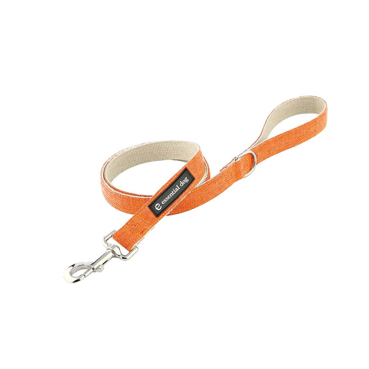 Organic Hemp & Cotton Dog Lead in vibrant orange with natural beige lining, metal clasp, and branded label for eco-friendly use.
