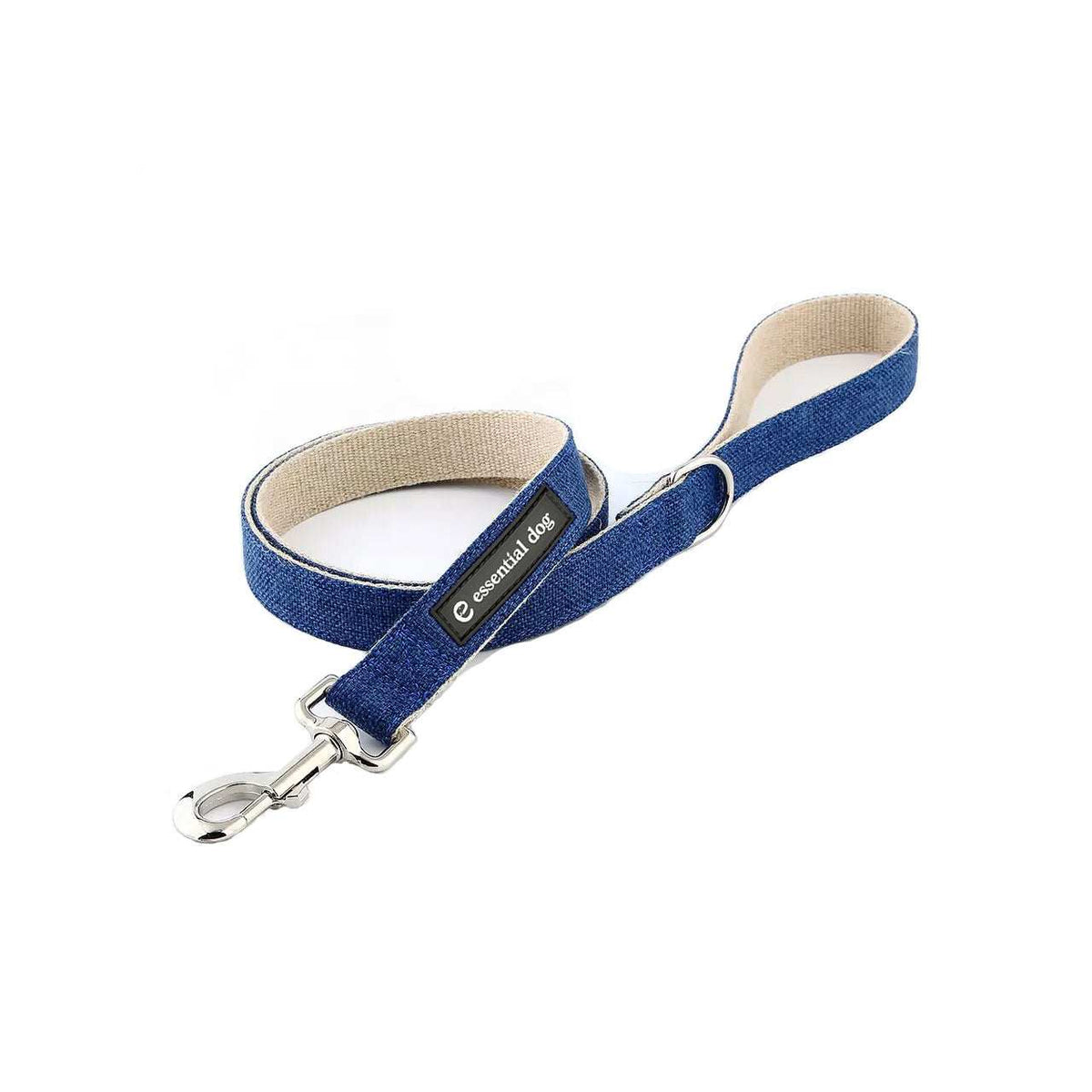 Organic Hemp & Cotton dog lead in ink blue color with metal clasp and natural beige inner lining for durability and comfort.
