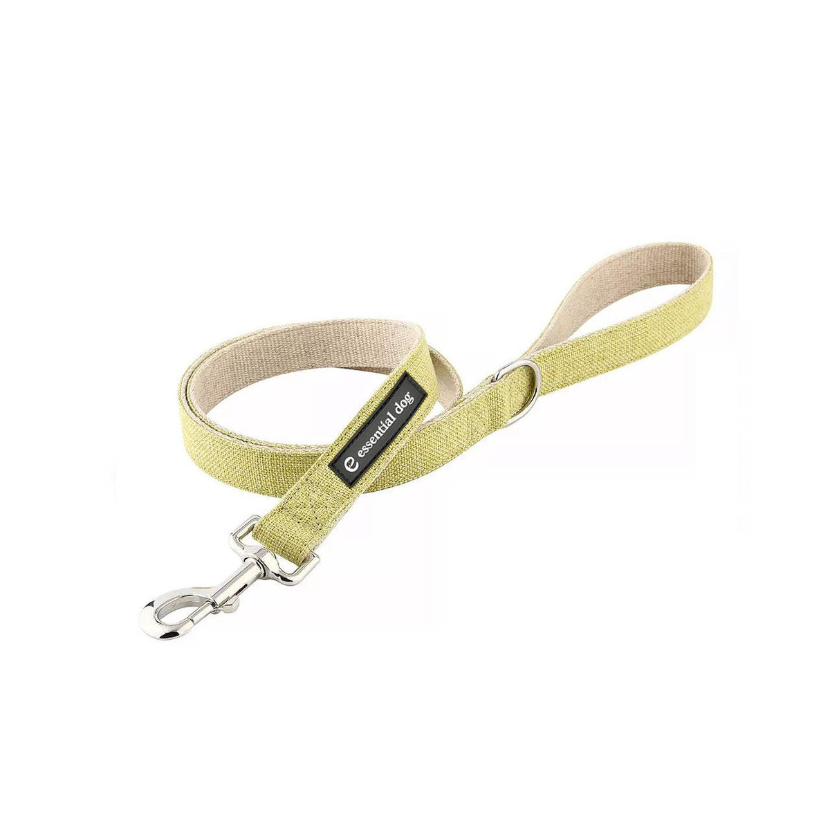 Organic Hemp & Cotton Dog Lead in light green with natural beige underside, durable metal clip, and branded label for style and sustainability.