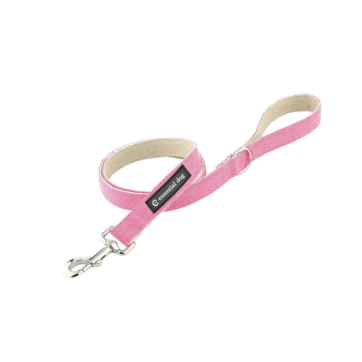 Organic Hemp & Cotton Dog Lead in bright pink with metal clip and black brand label on natural hemp and cotton webbing.