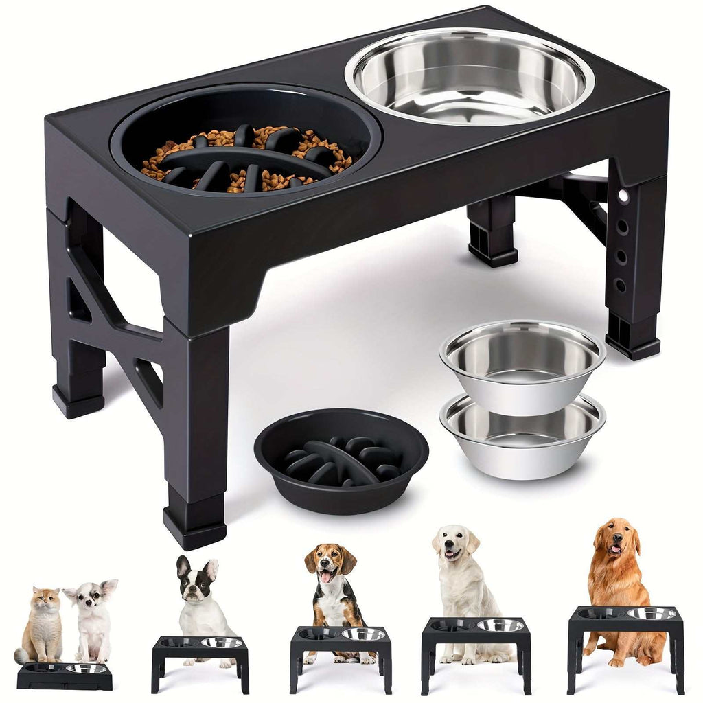 Dog Bowl Stand with adjustable black metal frame, includes two stainless steel bowls and one slow feeder bowl for dogs of all sizes.