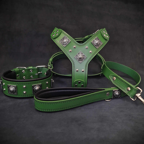 Green genuine leather dog harness, collar, and leash set featuring silver metal studs and padded interiors, designed for strength and comfort, Eros Harness.