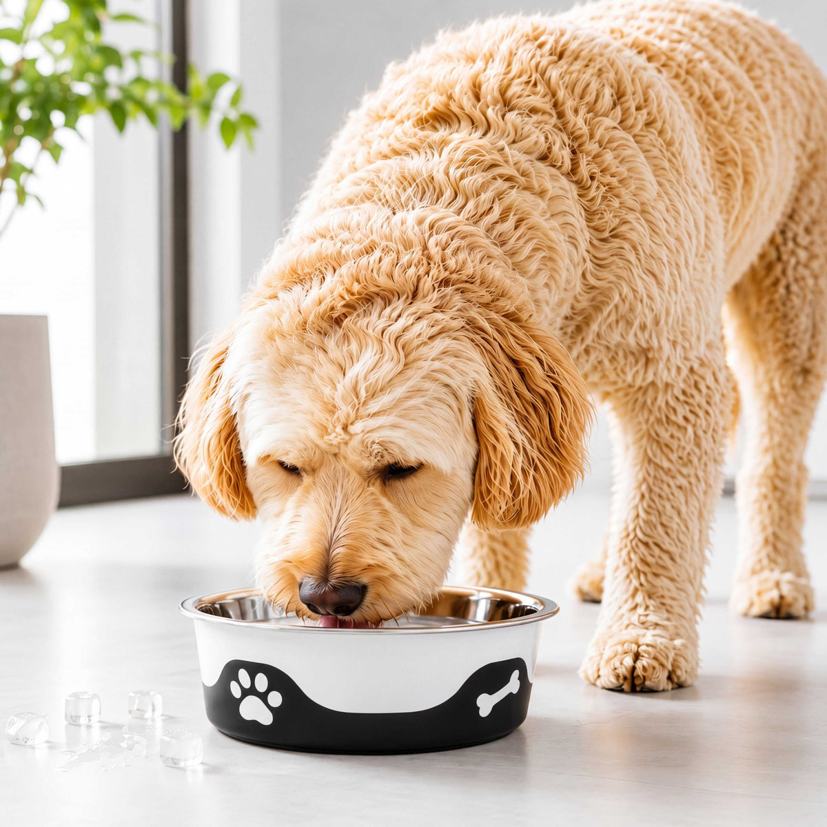 ThermaCool Dog Bowl with black and white plastic exterior, bone and paw print pattern, stainless steel interior, non-skid base