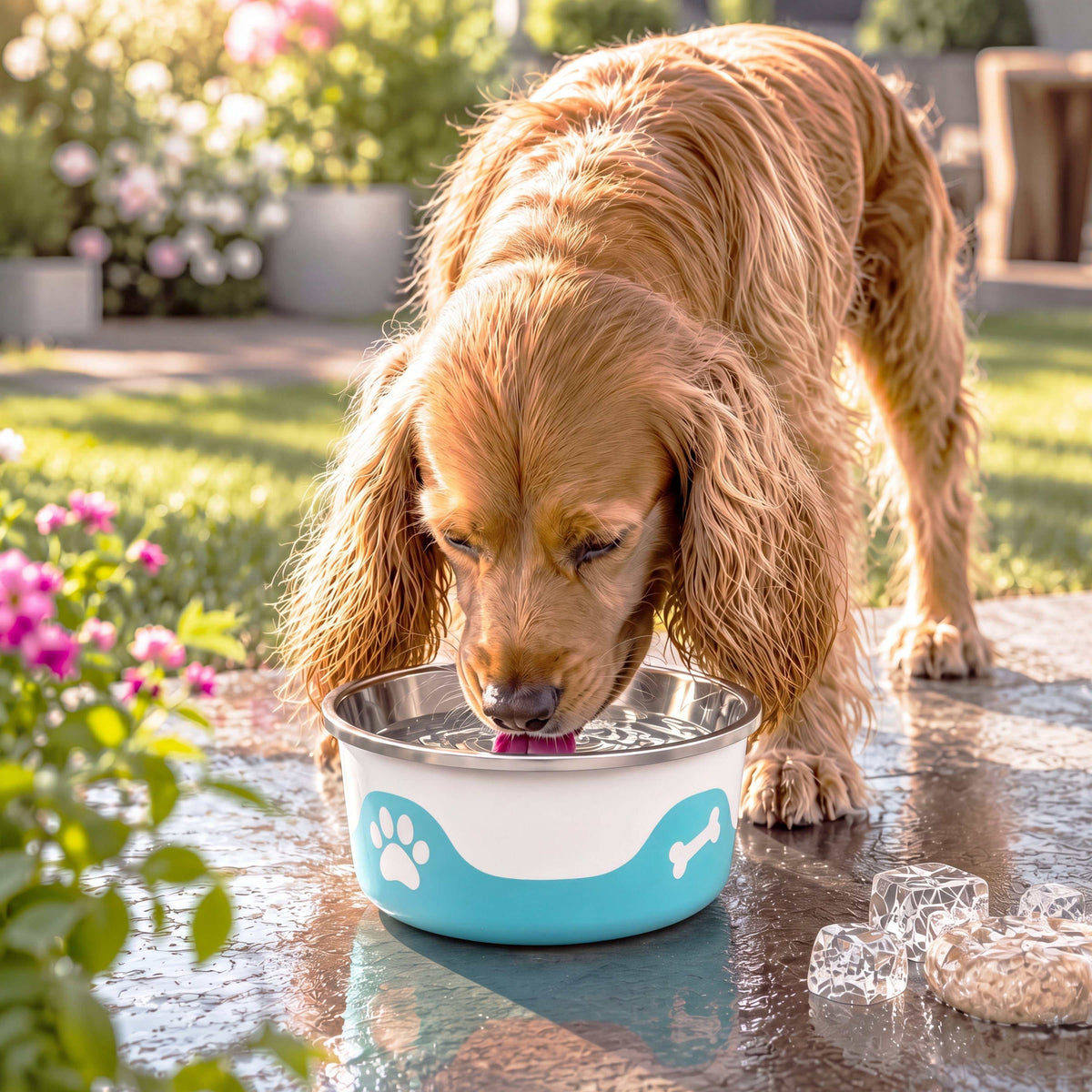 ThermaCool Dog Bowl in azure blue with white bone and paw prints, stainless steel interior, and non-skid base.