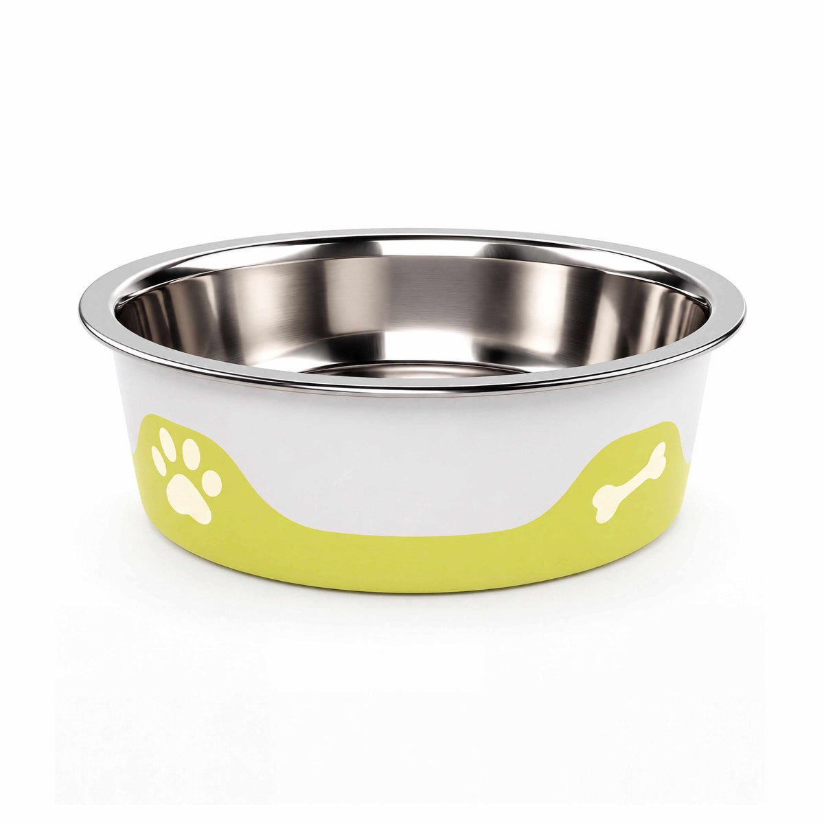 ThermaCool Dog Bowl in olive green with stainless steel interior, paw and bone graphics, and non-slip base.