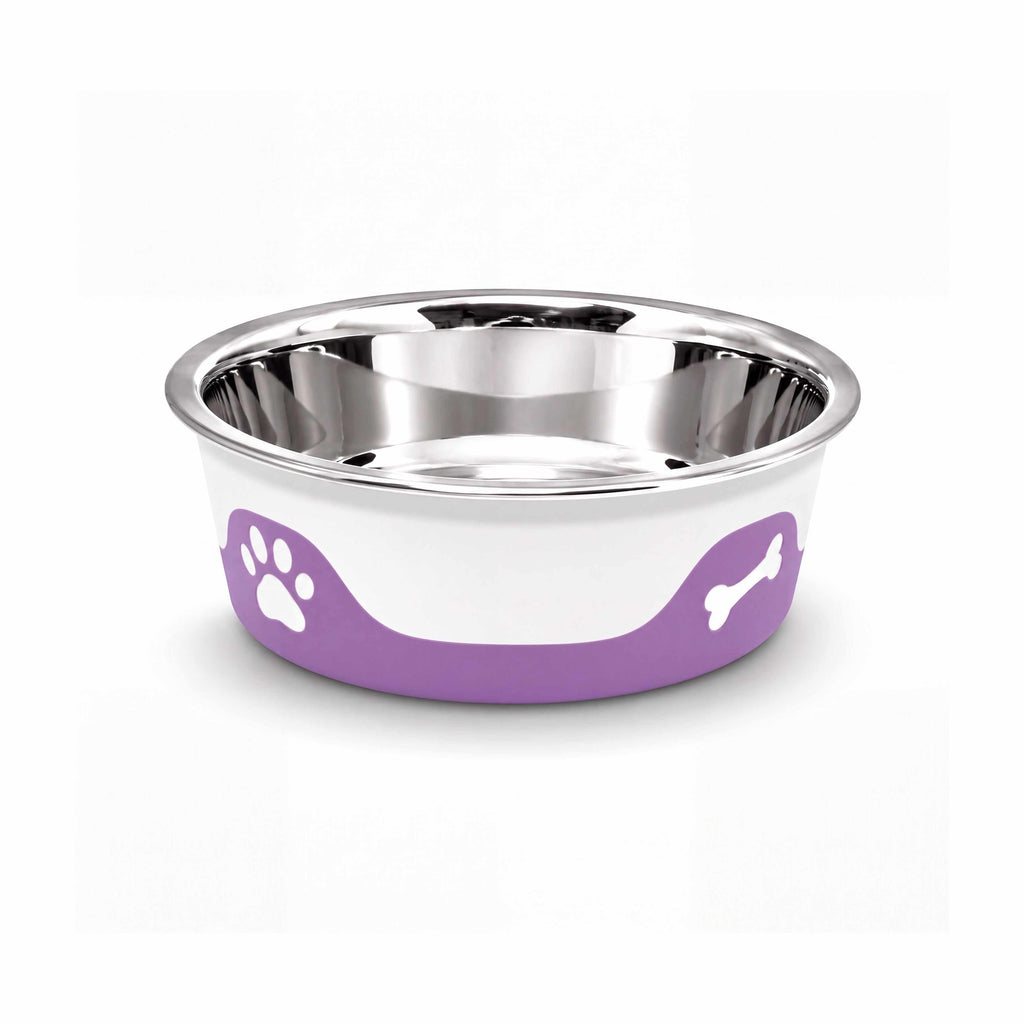 ThermaCool Dog Bowl in grape purple with stainless steel interior and paw and bone pattern on rubber base for stability and insulation.