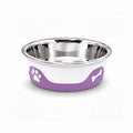 ThermaCool Dog Bowl in grape purple with stainless steel interior and paw and bone pattern on rubber base for stability and insulation.
