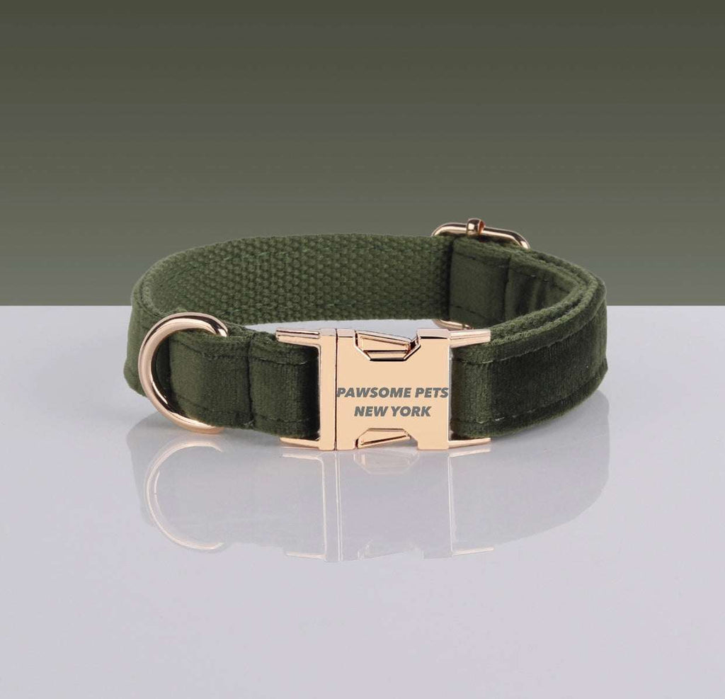 PAWSOME DOG COLLAR in olive green nylon with gold metal buckle and D-ring, adjustable with a soft fabric finish.