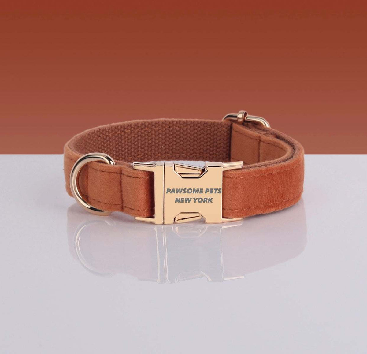Pawsome Dog Collar in burnt orange velvet with a gold metal quick-release buckle and D-ring, adjustable nylon backing.
