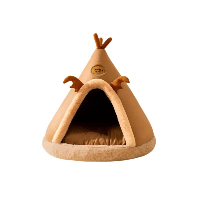Cartoon Reindeer Pet Tent in light brown polyester fiber shaped like a Mongolian yurt with plush reindeer antlers and cozy entrance