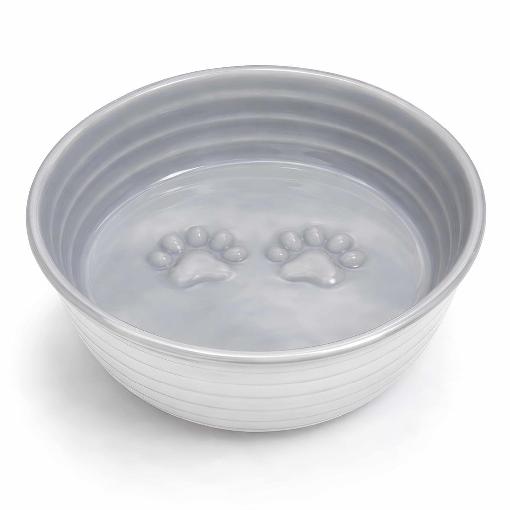 The Poppy Collection Dog Bowl grey stainless steel with hand-finished paw print pattern and textured exterior design