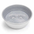 The Poppy Collection Dog Bowl grey stainless steel with hand-finished paw print pattern and textured exterior design