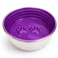 The Poppy Collection Dog Bowl with a violet hand-finished interior, stainless steel exterior, and raised paw prints inside.