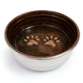 The Poppy Collection Dog Bowl in chocolate brown stainless steel with embossed paw prints and a glossy interior finish