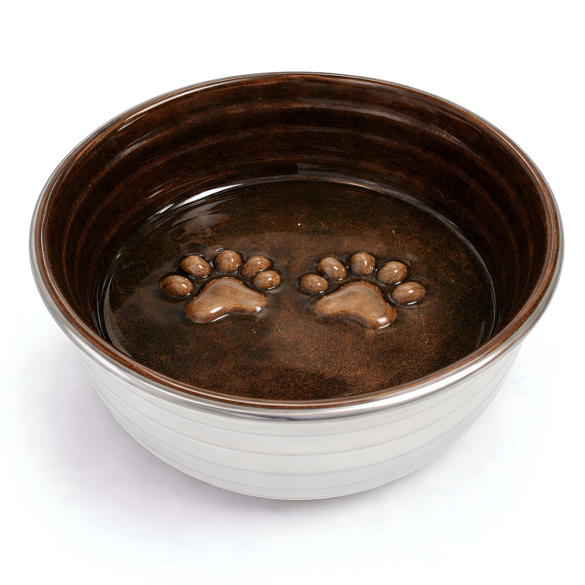 The Poppy Collection Dog Bowl in chocolate brown stainless steel with embossed paw prints and a glossy interior finish