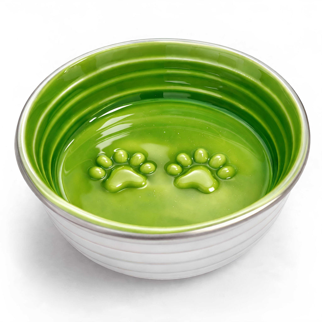 The Poppy Collection green ceramic dog bowl with paw print texture and white outer ridged design