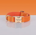 PAWSOME DOG COLLAR in bright orange nylon webbing with metal buckle engraved "PAWSOME PETS NEW YORK" and silver D-ring.