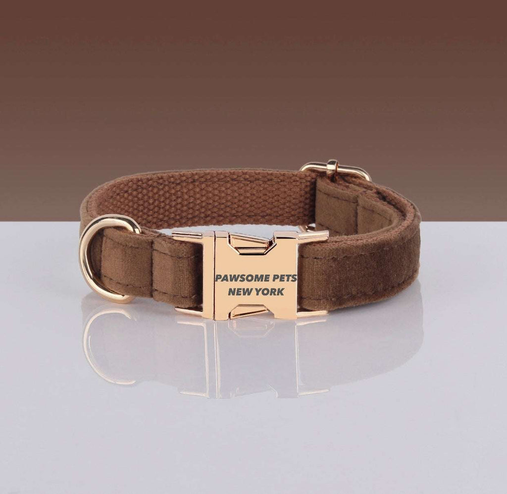 Dog collar in brown nylon with soft padded lining and rose gold metal buckle engraved with Pawsome Pets New York logo