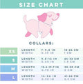 Size chart for PAWSOME DOG COLLAR showing available sizes XS to L with length and width measurements in inches and centimeters.