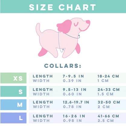Size chart for PAWSOME DOG COLLAR in various adjustable lengths and widths inches and centimeters for XS to L sizes