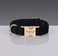 PAWSOME DOG COLLAR in black nylon webbing with rose gold metal buckle and D-ring, fully adjustable with "PAWSOME PETS NEW YORK" engraving.