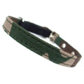 Army Camo Canvas cat collar in green and brown camouflage canvas with adjustable buckle and safety elastic band.