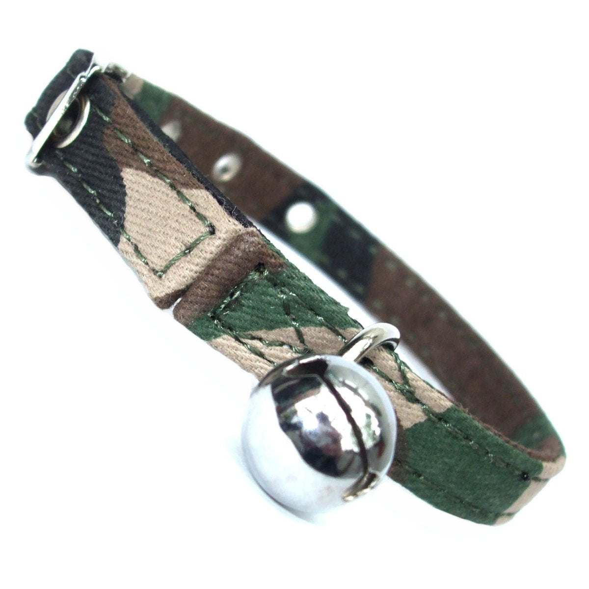 Army Camo Canvas cat collar with brown and green camouflage print, metal buckle, safety elastic, D-ring, and silver bell attached.