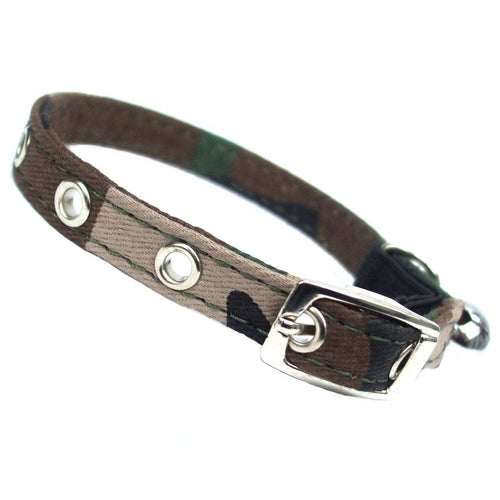 Army Camo Canvas cat collar featuring green and brown camouflage print, silver buckle, and adjustable eyelet holes.