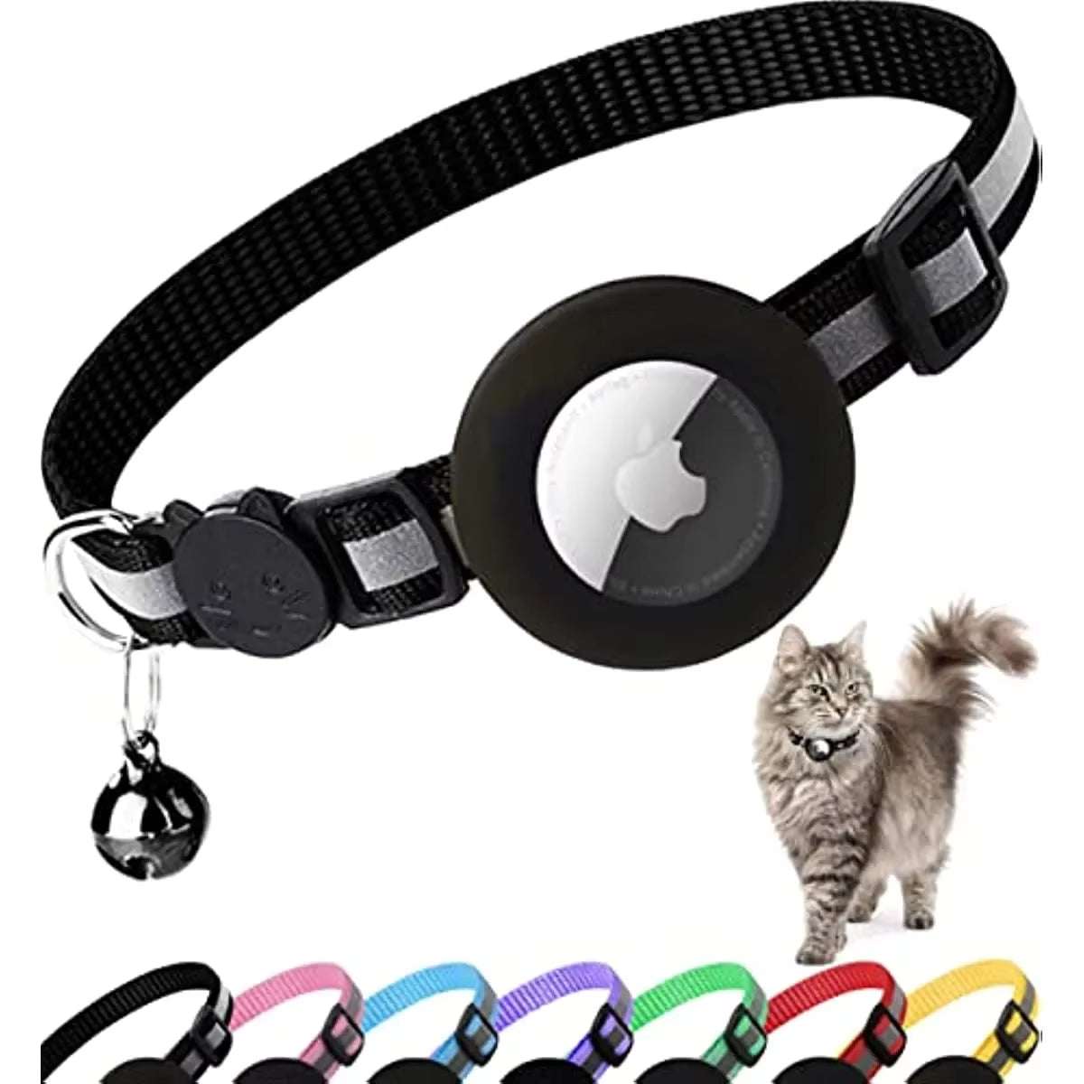 Breakaway Cat Collar in black nylon with reflective stripes, featuring a protective AirTag holder, breakaway buckle, and bell.