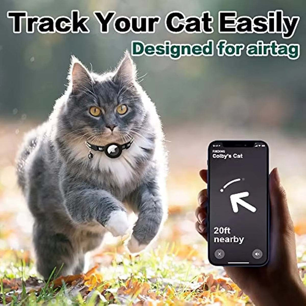 Breakaway Cat Collar in black nylon with a protective AirTag holder worn by a fluffy gray cat for easy tracking.