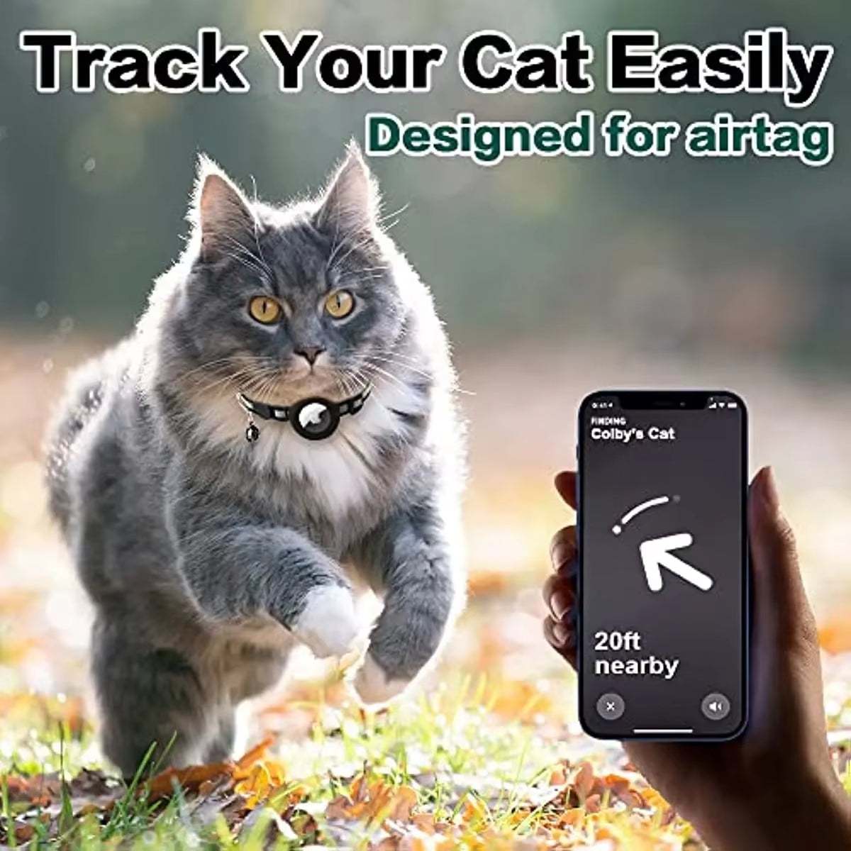 Breakaway Cat Collar in black nylon with a protective AirTag holder worn by a fluffy gray cat for easy tracking.