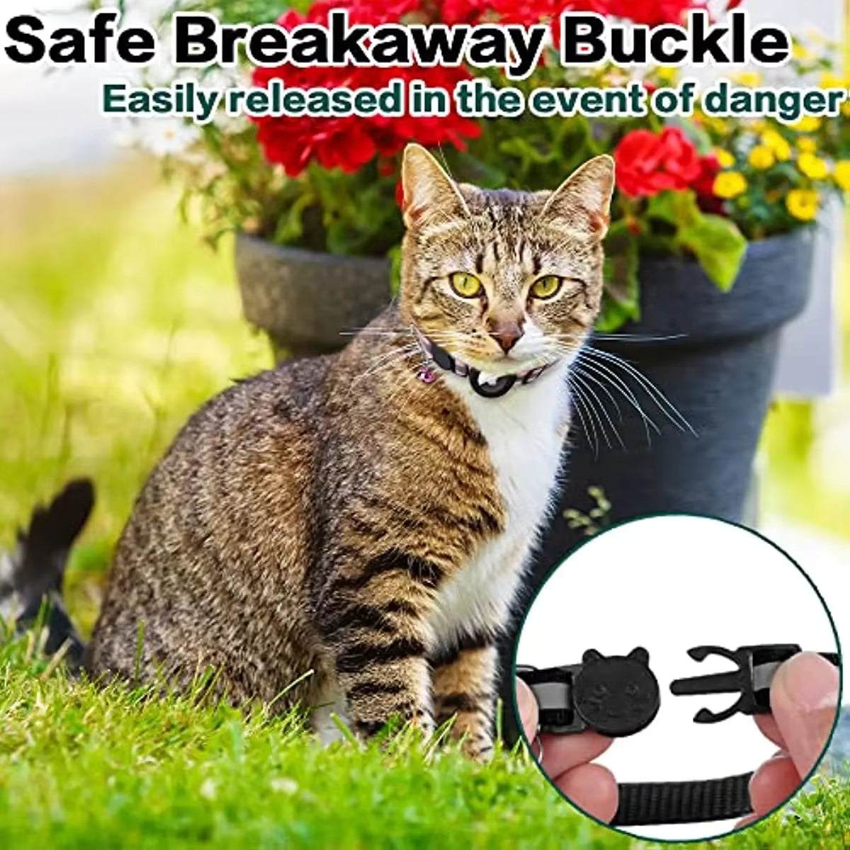 Breakaway Cat Collar in black nylon with a small bell and a cat-shaped safety breakaway buckle for secure release.