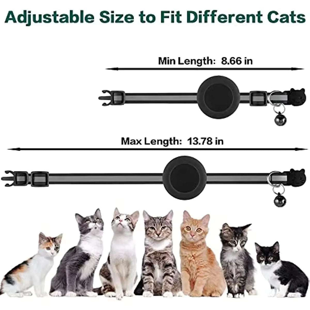Breakaway Cat Collar in black nylon with adjustable length, featuring a round AirTag holder and a small bell attachment.