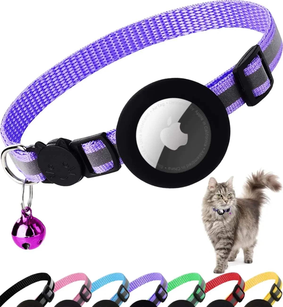 Breakaway Cat Collar in purple nylon with reflective stripe, black AirTag holder, breakaway buckle, and attached purple bell.