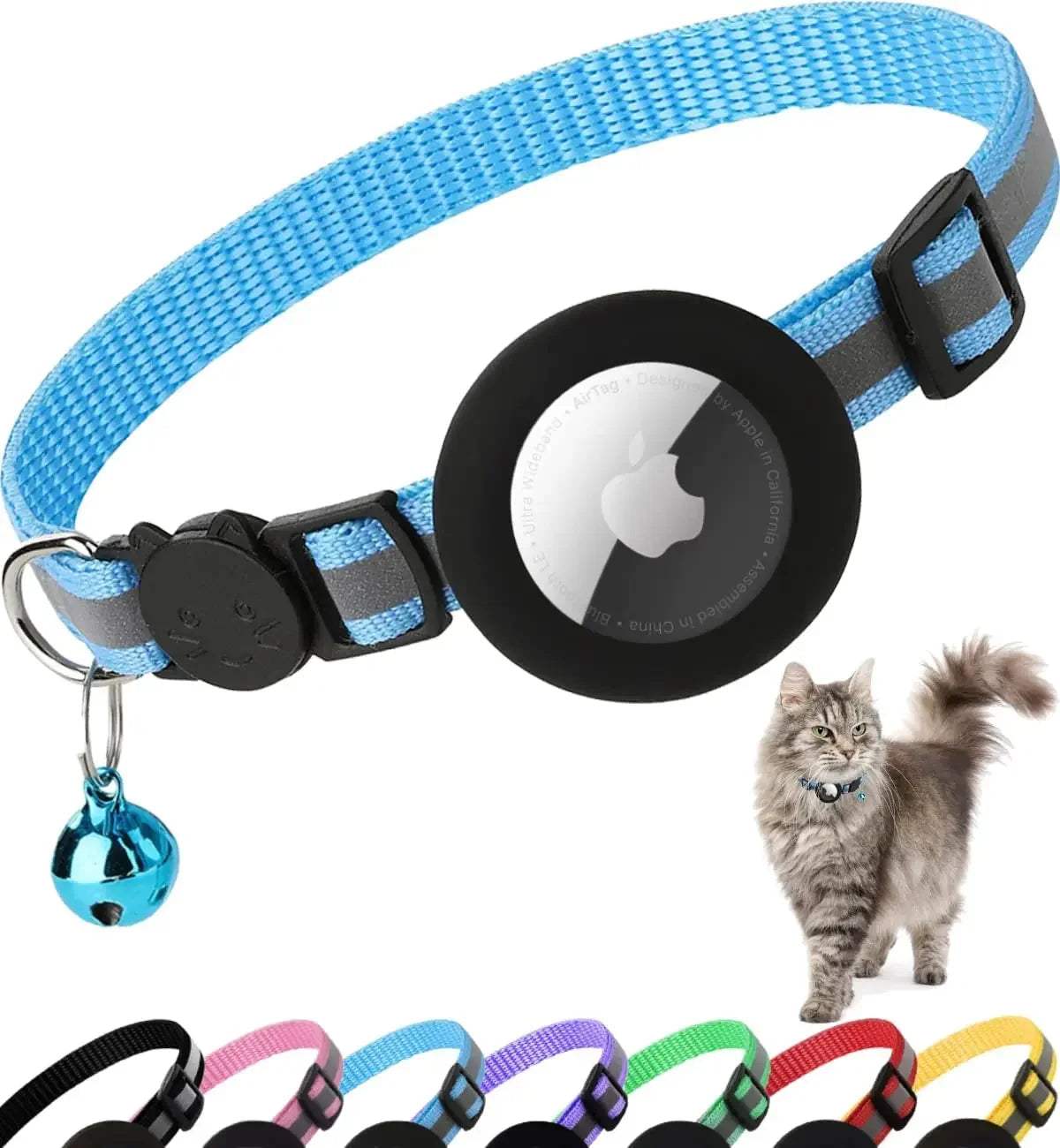 Breakaway Cat Collar in light blue reflective nylon with black AirTag holder, breakaway buckle, and blue bell charm attached.