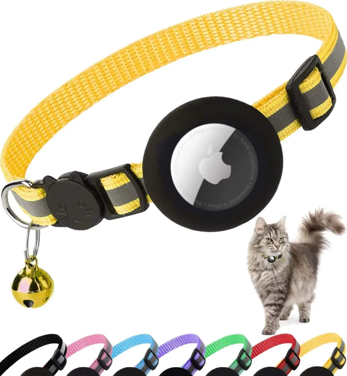 Yellow nylon adjustable Breakaway Cat Collar with reflective stripes, black AirTag holder, and small bell attached.