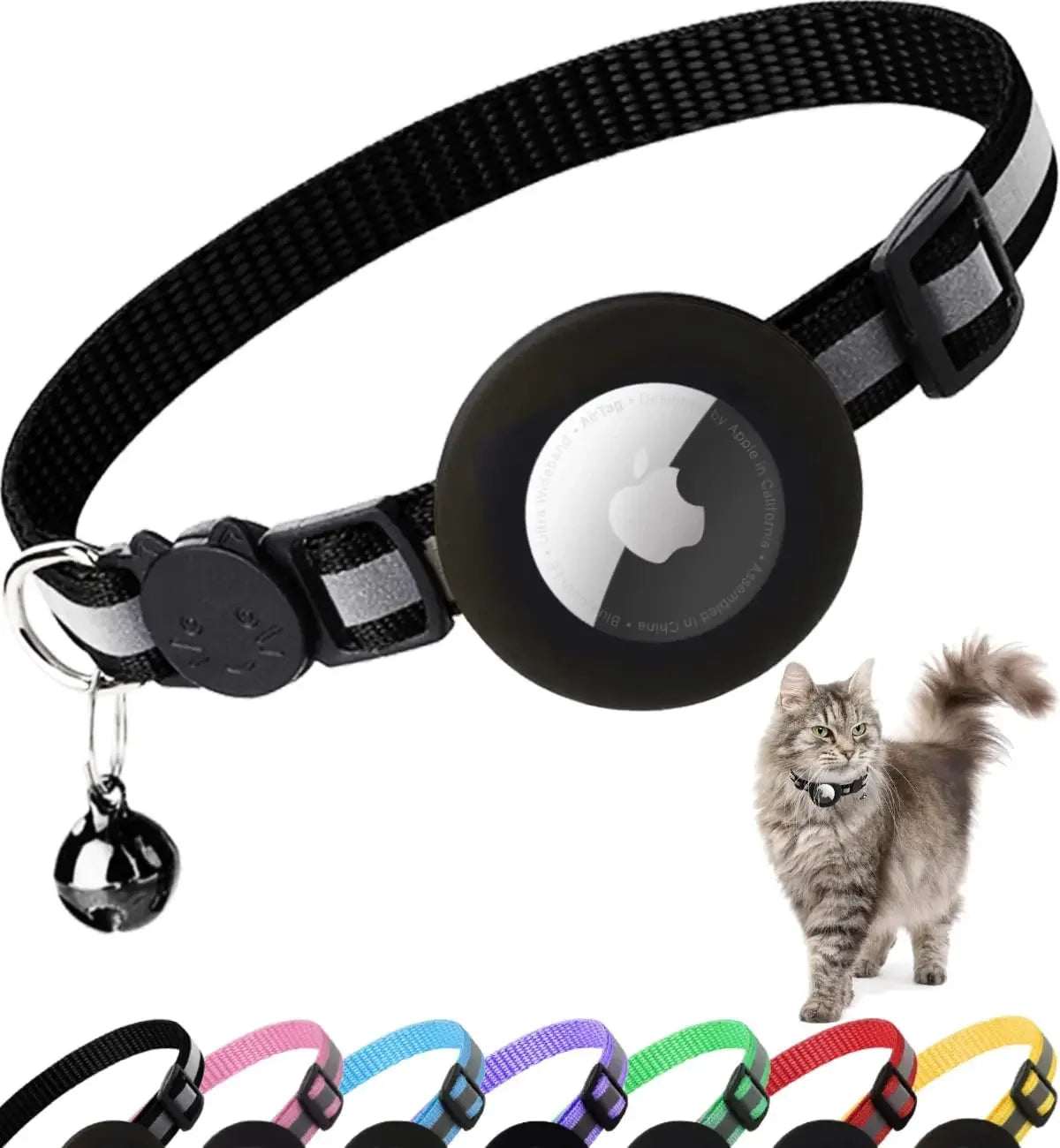 Breakaway Cat Collar in black nylon with reflective stripes, elastic AirTag holder, breakaway buckle, and attached bell for cats.