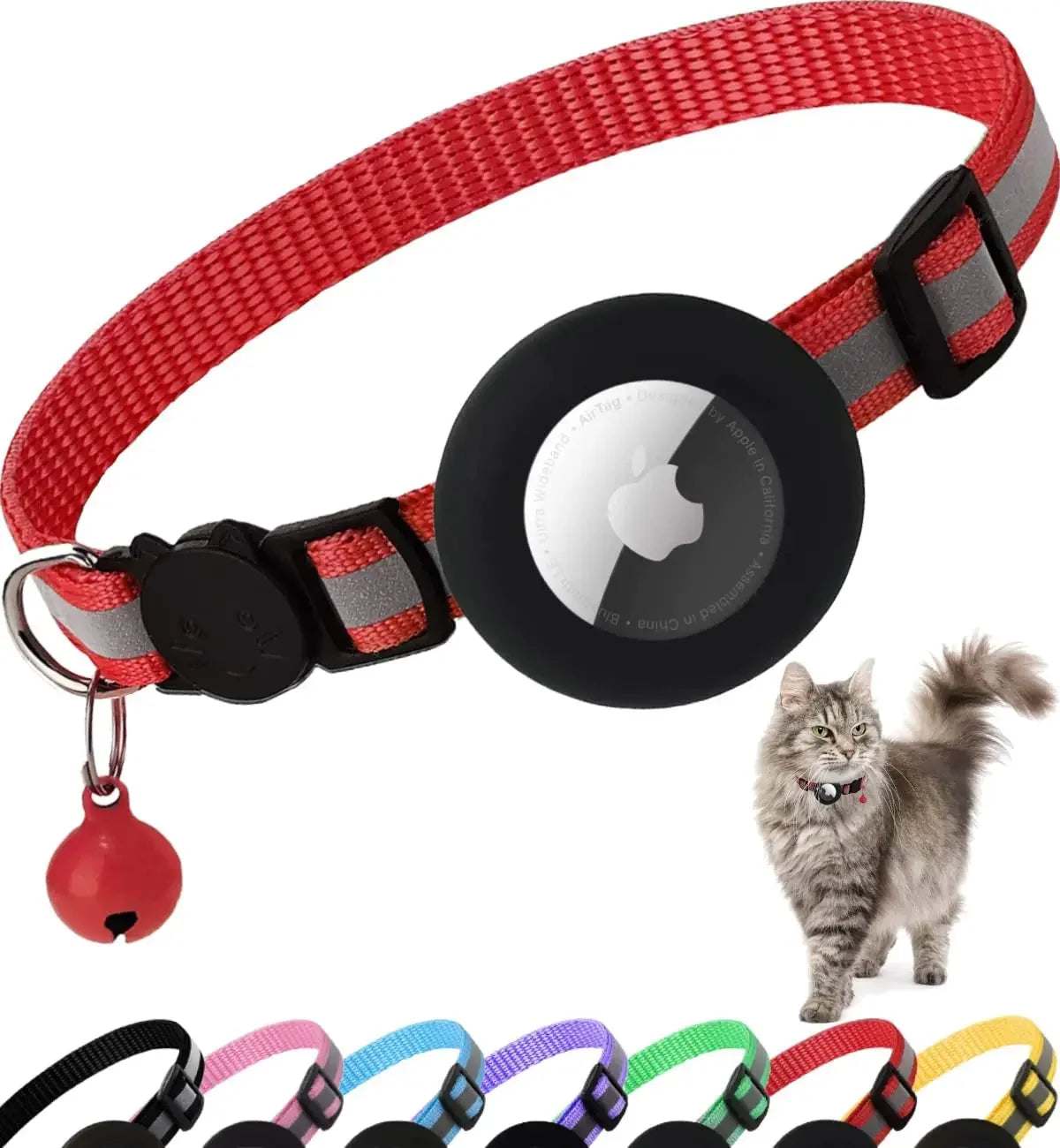 Breakaway Cat Collar in red nylon with reflective grey stripes, black AirTag holder, and red bell for cat safety and tracking.