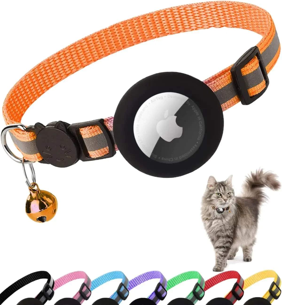 Breakaway Cat Collar in orange nylon with black reflective stripes, black AirTag holder, breakaway buckle, and small gold bell.