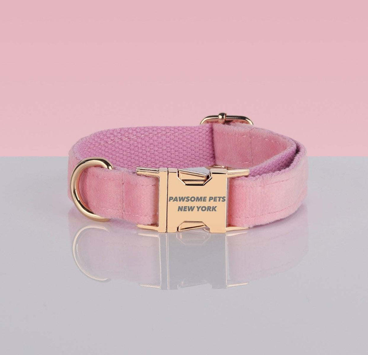 PAWSOME DOG COLLAR in pink nylon with a soft velvet texture and gold-tone quick-release buckle engraved with branding.
