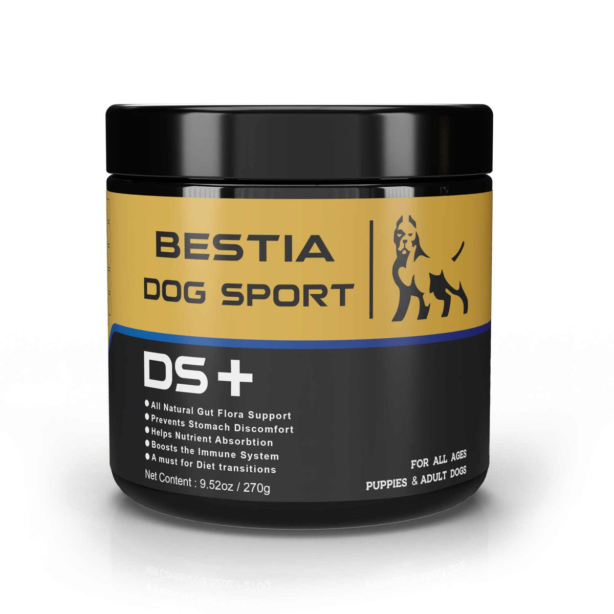 Dog Food Supplement in black and gold container labeled BESTIA DOG SPORT DS+ for all ages puppies and adult dogs.