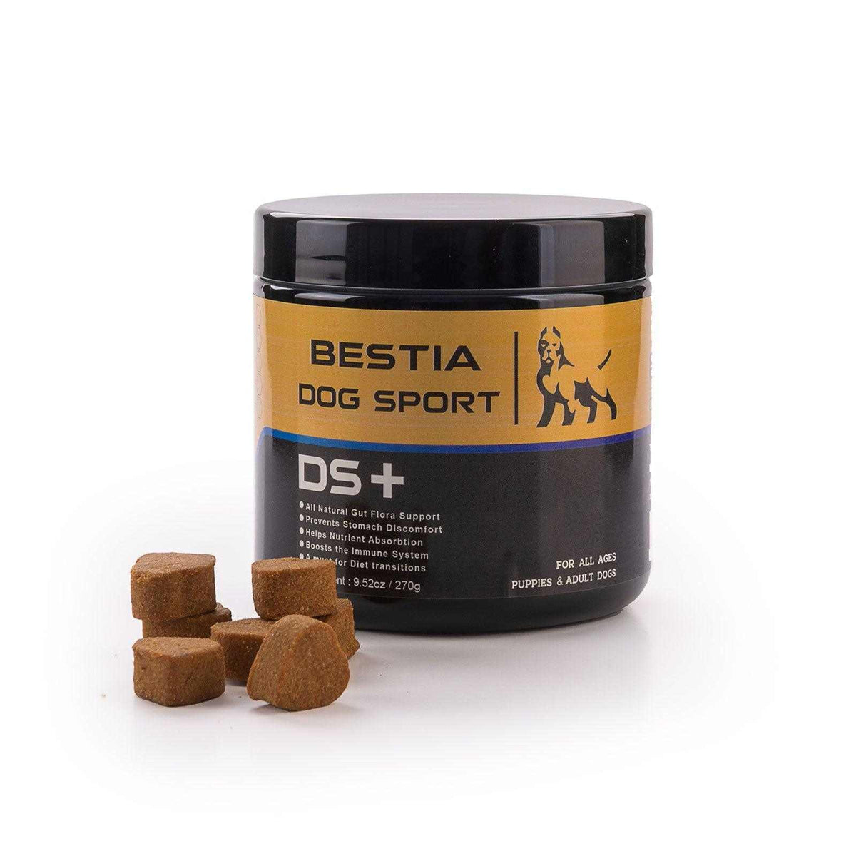 Dog Food Supplement in a black and gold container labeled "BESTIA DOG SPORT DS+" with brown square chew tablets beside it.