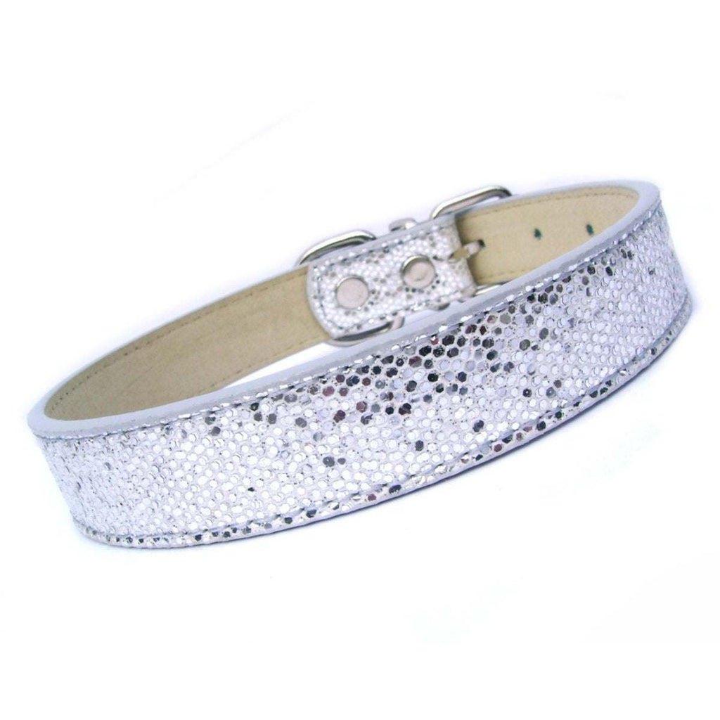 Disco Fever Dog Collar in silver sequins with suede-like backing and sturdy roller buckle for comfort and durability.