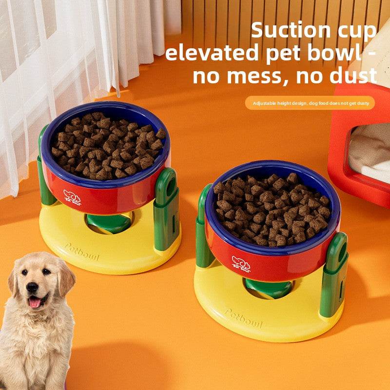 Adjustable Height Dog Feeding Bowl in red and blue with yellow base, green adjustable stands, and a non-slip suction cup design.