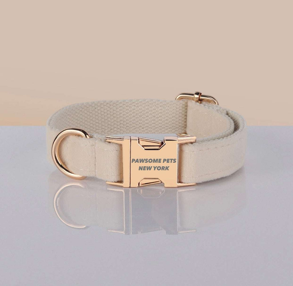 PAWSOME DOG COLLAR in beige nylon webbing with rose gold metal buckle and D-ring, featuring PAWSOME PETS NEW YORK engraving.