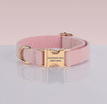 PAWSOME DOG COLLAR in light pink nylon webbing with gold-tone buckle and adjustable hardware, featuring "PAWSOME PETS NEW YORK" engraving.