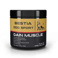 Gain Muscle Dog Food black and gold plastic jar supplement container for dogs promoting muscle growth and healthy weight gain.