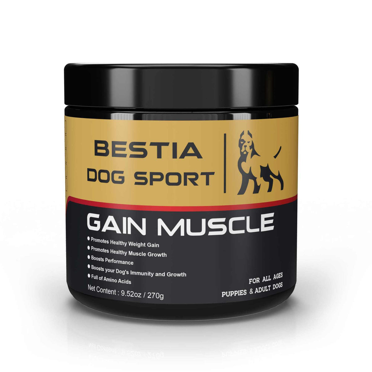 Gain Muscle Dog Food black and gold plastic jar supplement container for dogs promoting muscle growth and healthy weight gain.